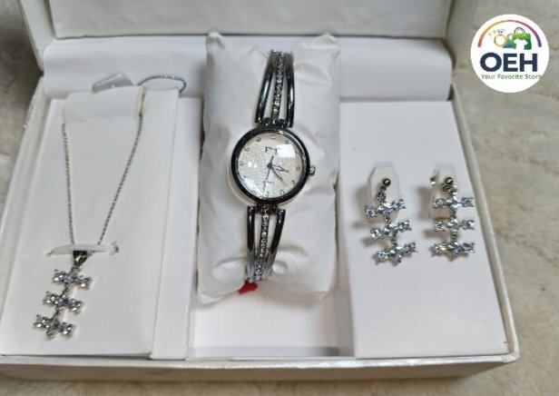 Elegant Ladies Watch Jewelry Gift Set | Silver Crystal Design